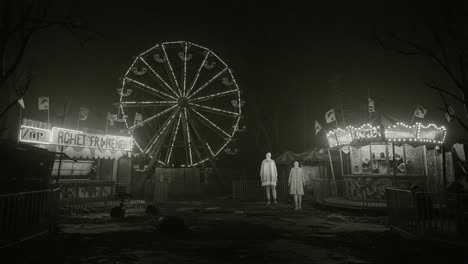 a hauntingly beautiful abandoned carnival scene: eerie ferris wheel and ghostly figures walking through a forgotten amusement park in shadows