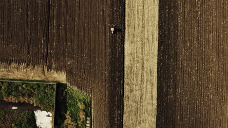 Wide-Aerial-top-view-shot-of-Agricultural-machine-driving-in-brown-fields