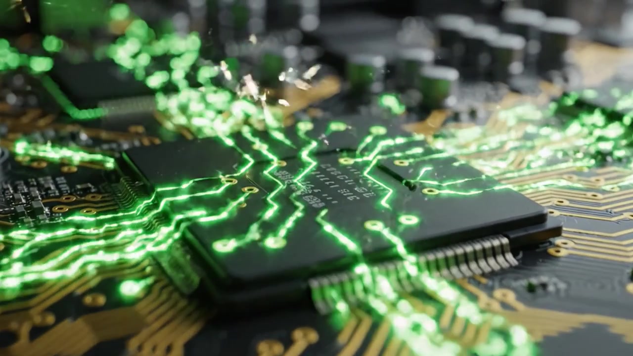 Esplorando l'Intricata Circuitazione di una Moderna Scheda Elettronica: Una Vista Ravvicinata di Microprocessori e Connessioni di Circuiti Illuminati da un Vibrante Bagliore Verde