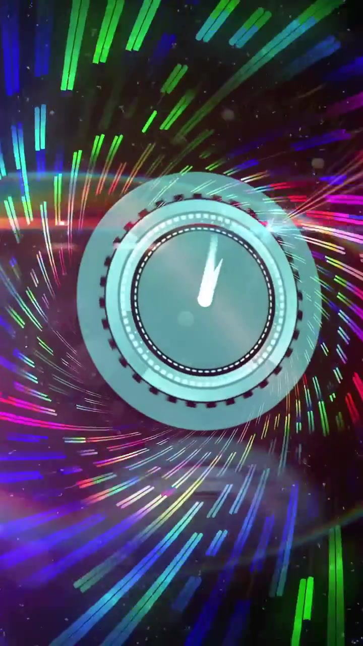 Video verticale: Quadrante color verde acqua che appare, anelli che girano e lancetta che si muove mentre strisce pulsano per mostrare l'ora.