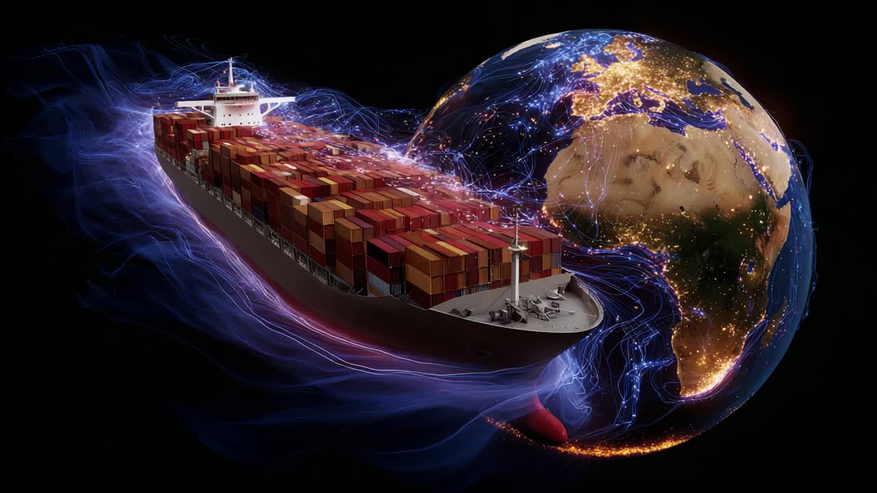 A large cargo ship navigates through a swirling vortex of energy, carrying a vast array of colorful shipping containers, with a digitally illustrated representation of Earth showcasing global trade routes and connections