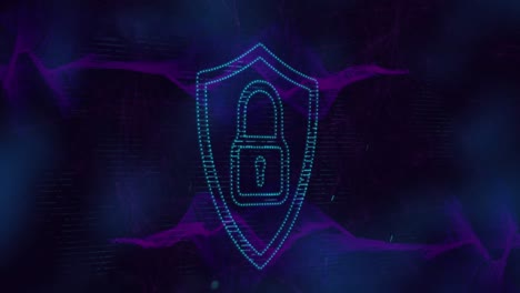 animation of security padlock icon, light spot and purple digital waves against black background