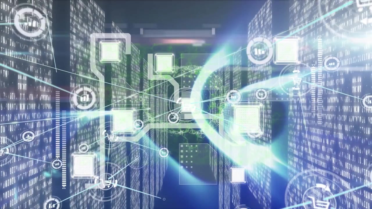 Animated bionic hand secures server room in global tech concept video.