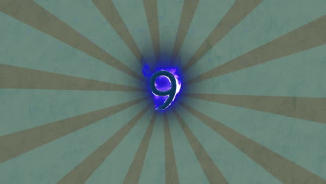 animación digital del efecto de llama azul sobre el número nueve contra los rayos radiales sobre fondo verde