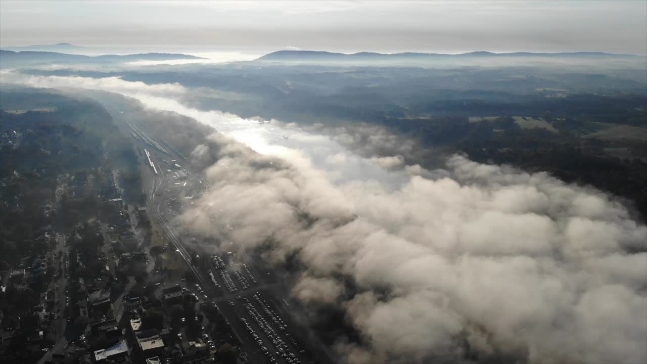 Fog Over Potomac aerial with sun