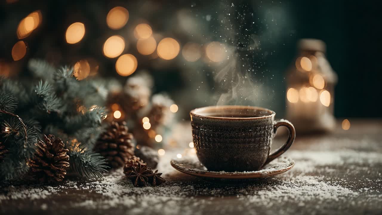 A Cozy Winter Scene Featuring a Steaming Cup of Coffee Surrounded by Pinecones and Glittering Holiday Lights, Evoking Warmth and Comfort in a Chilly Atmosphere