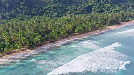 tilt down aerial view of idyllic turquoise blue ocean waves rolling towards deserted tropical beach of playa de coson