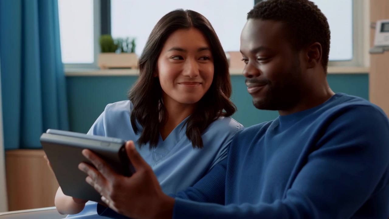 Seated woman glances toward man, then smiles back at tablet he holds horizontally, with their faces framed closely against teal walls, blue curtains, and softly lit windows.