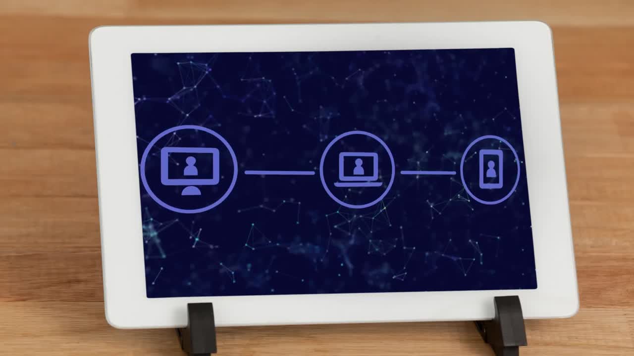 Network of connection icons on screen of digital tablet against wooden background