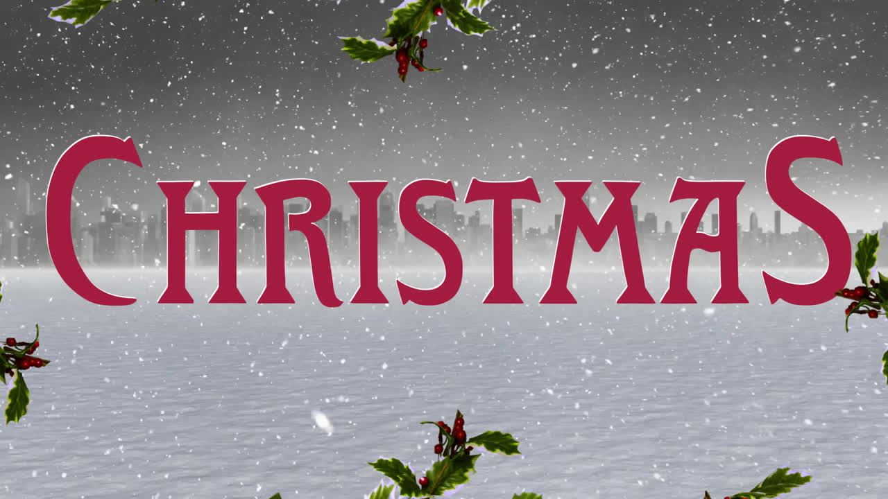 animación de texto navideño y nieve cayendo sobre el paisaje de invierno