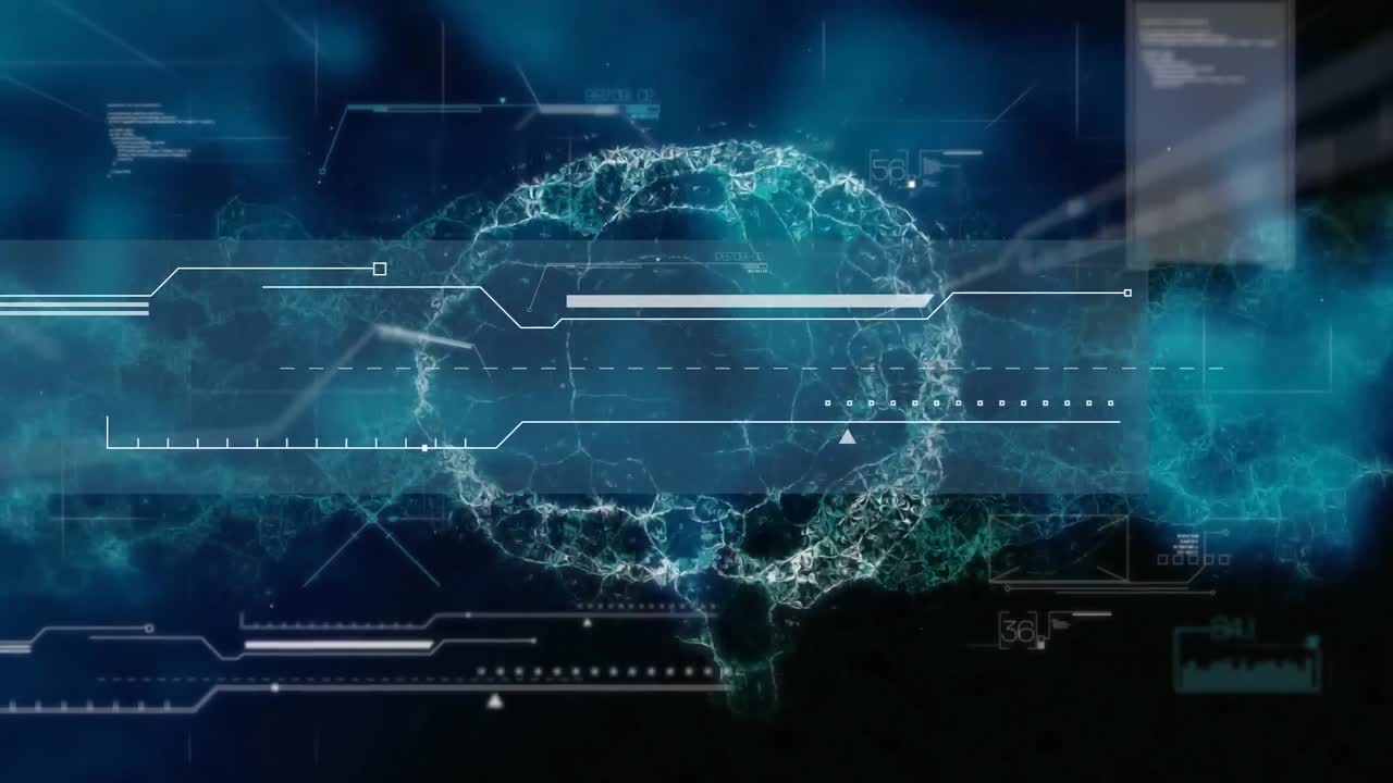 Animation of data processing over digital brain and dna strand on black background