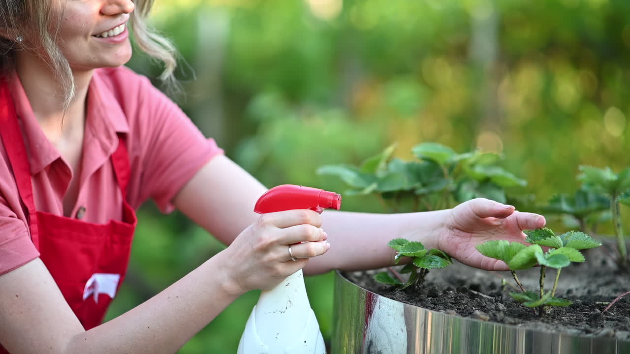 Female gardener using a spray bottle to water or treat strawberry plants in a bright green garden