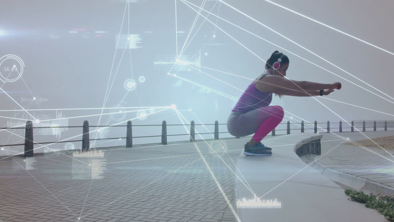 Woman bending into squat then launching onto bench, HUD tracking jump metrics for fitness tech