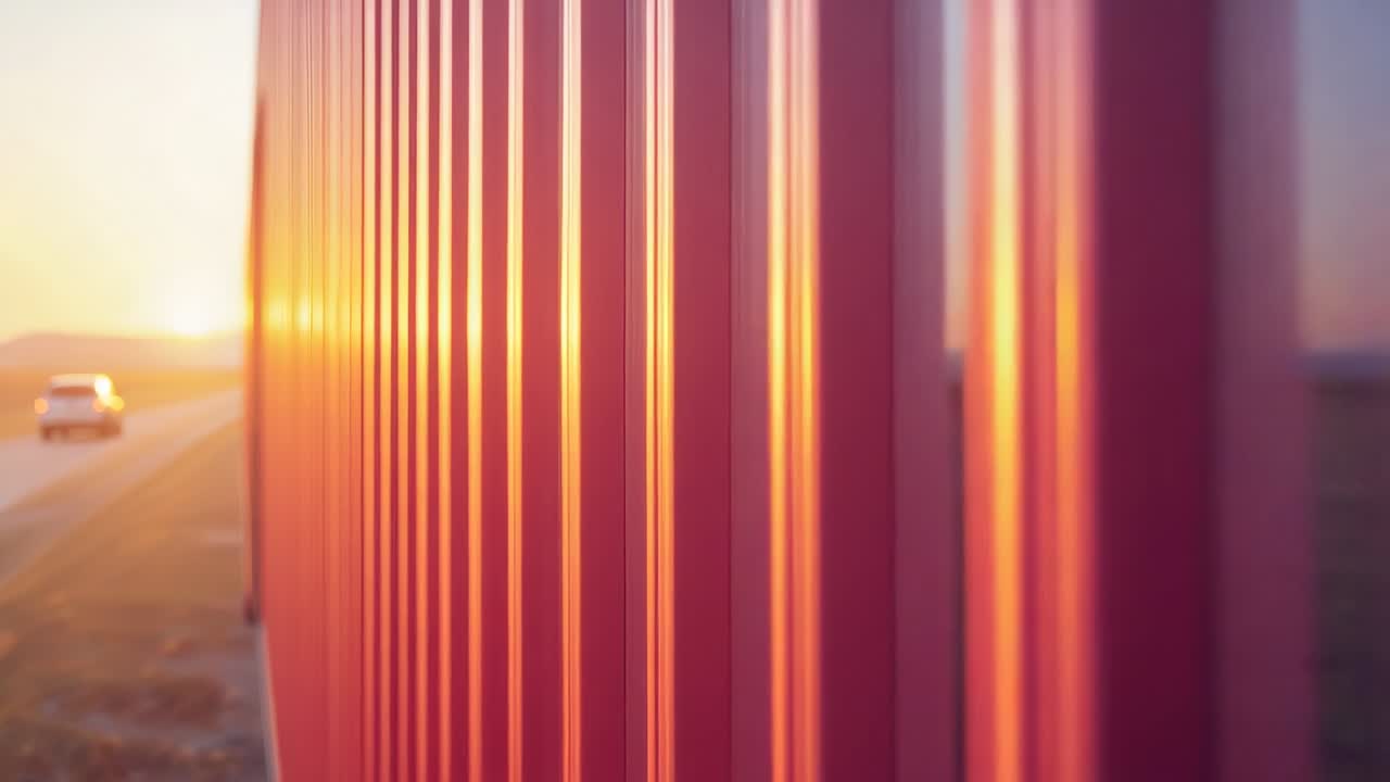 Moving camera revealing red corrugated metal wall along highway at sunset, with white sedan passing