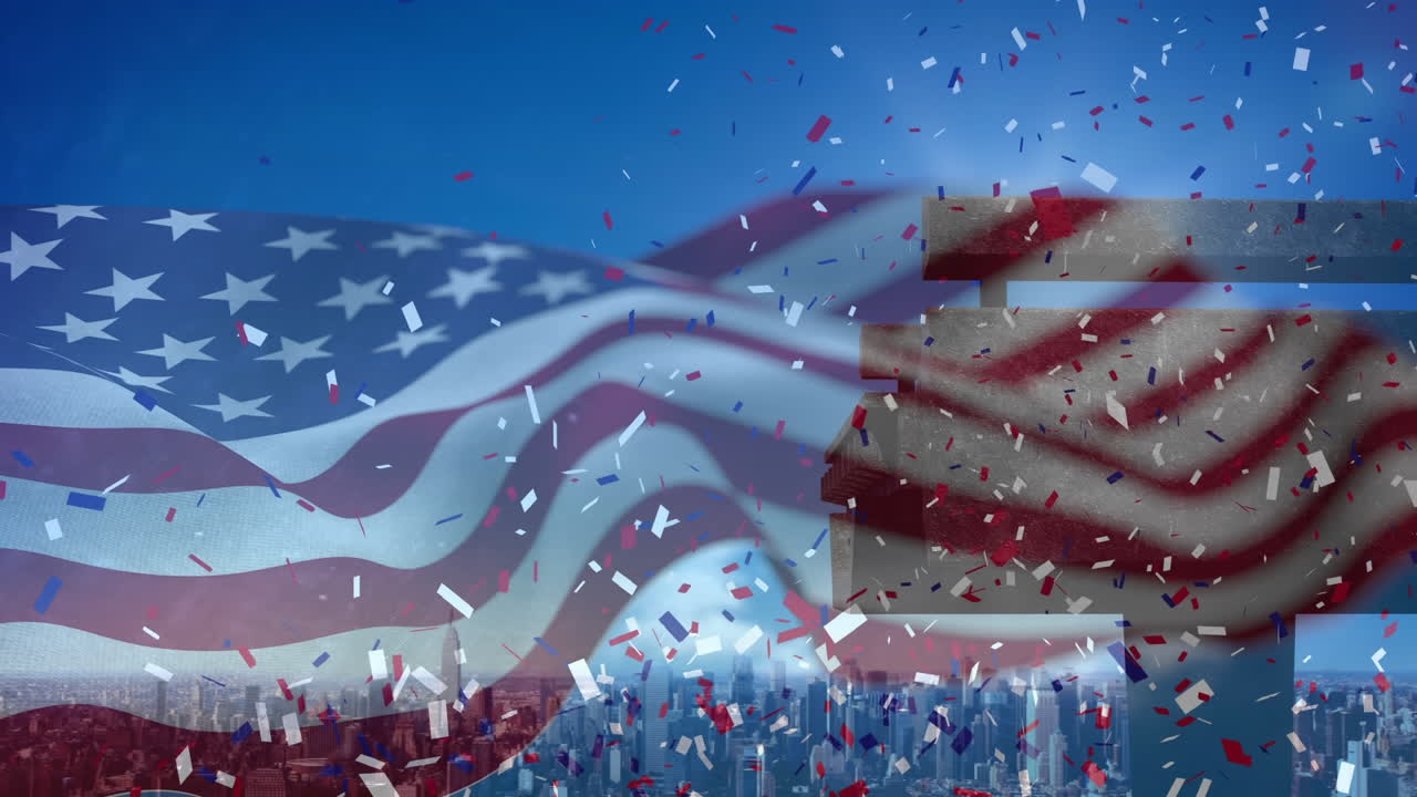 Digital animation of American flag swaying in the wind against the city 4K