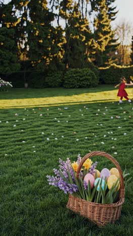 children running in a garden searching for easter eggs, with a wicker basket containing colorful easter eggs and spring flowers in the foreground