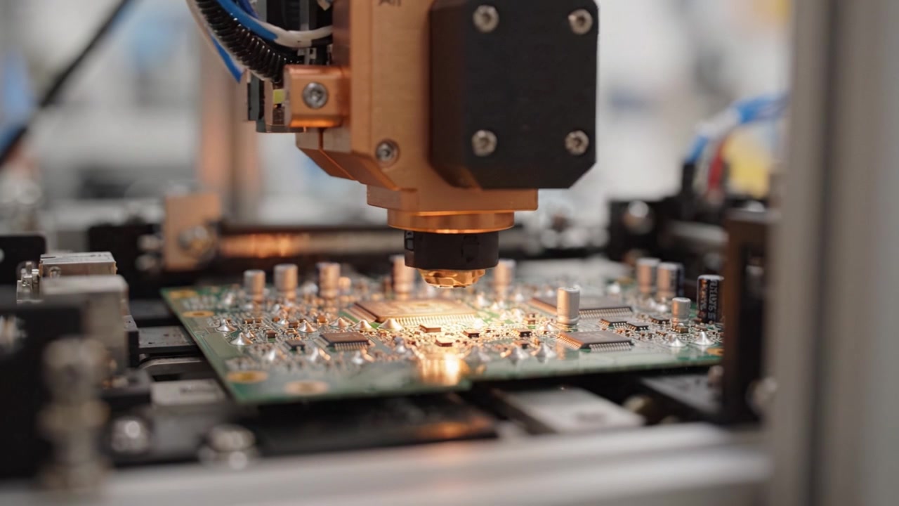High-Precision Laser Soldering Process on a Circuit Board in an Electronics Manufacturing Facility, Highlighting Advanced Technology and Automation