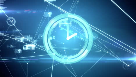 animación de la red de conexiones y reloj moviéndose sobre fondo negro