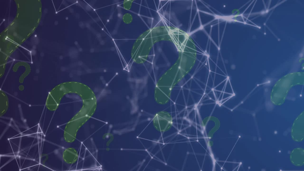Network of connections and multiple green question mark icon floating against blue background