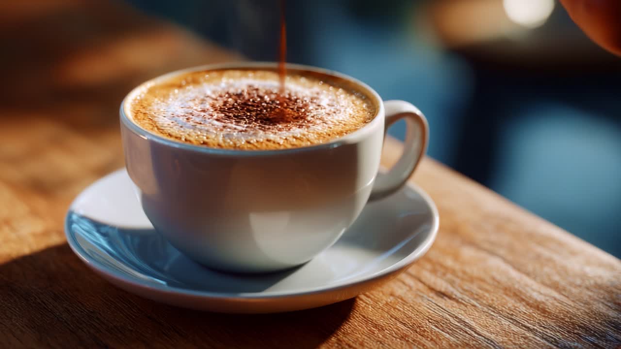 Lækker og fyldig kaffe med skummende topping fanget i et fantastisk lys på et træbord, perfekt til både kaffeelskere og æstetikere.
