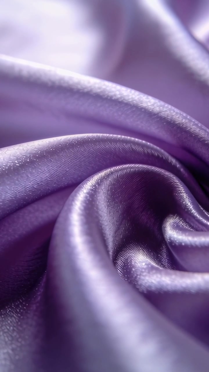 Video verticale: Telecamera che si regola, spostando la lucentezza su un vortice di raso viola in primo piano per mostrare la texture.
