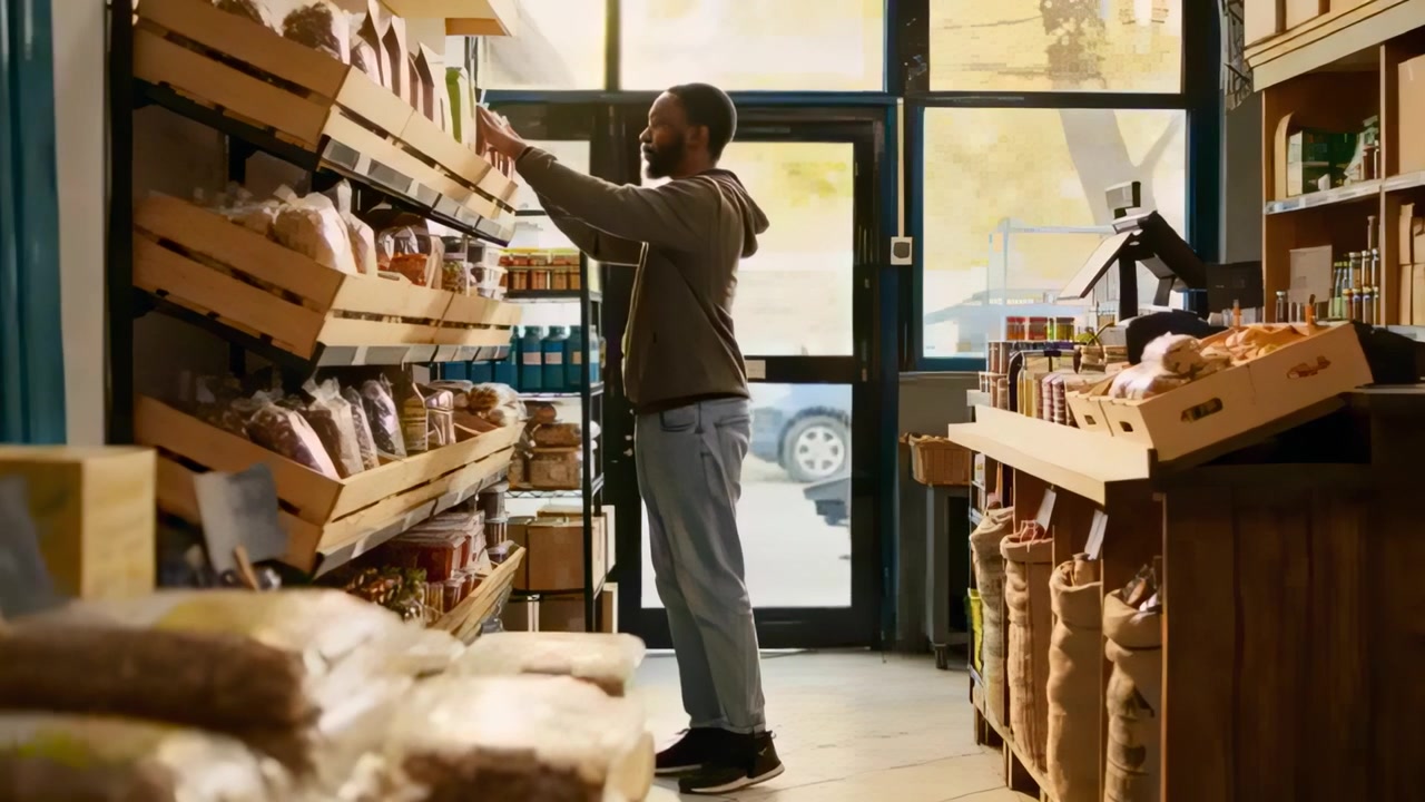 Looking up, male customer wearing olive hoodie selecting goods on wood shelving in shop shopping