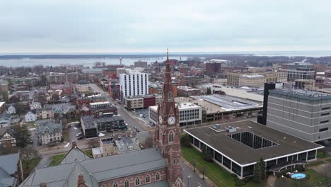 Wide aerial shot of Erie's St. Peter's Cathedral in the winter.