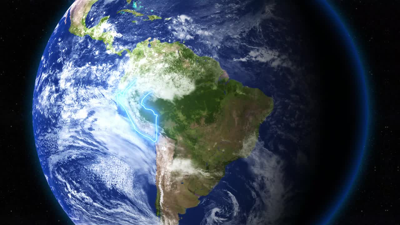 Peru Highlighted In Blue Outline On Planet Earth In The Space. - graphics
