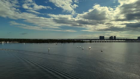 aerial approach of small sailboaters racing in ft myers florida