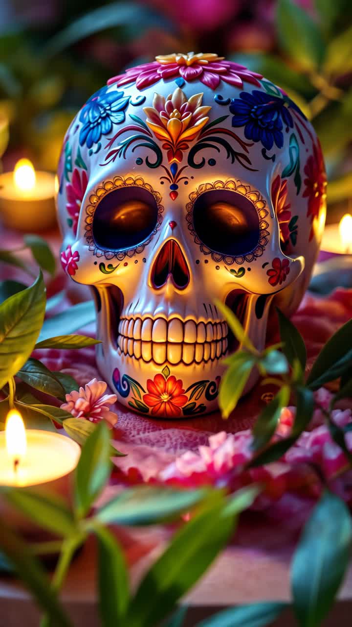 день мертвого сахарного черепа, украшенного цветами и свечами.
