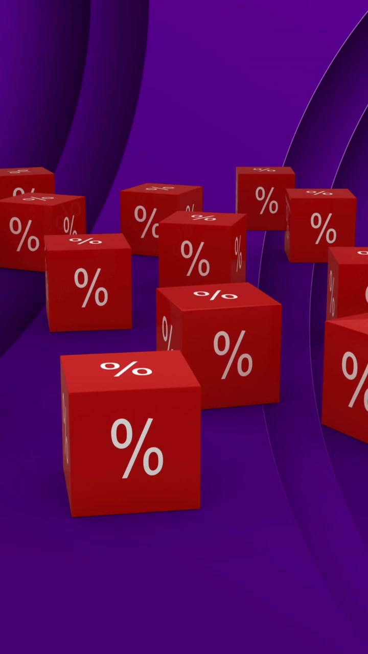 Animazione di simboli di sconto percentuali su cubi rossi su sfondo viola