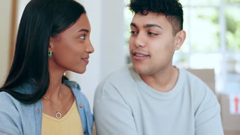 design, planning and couple talking in new home