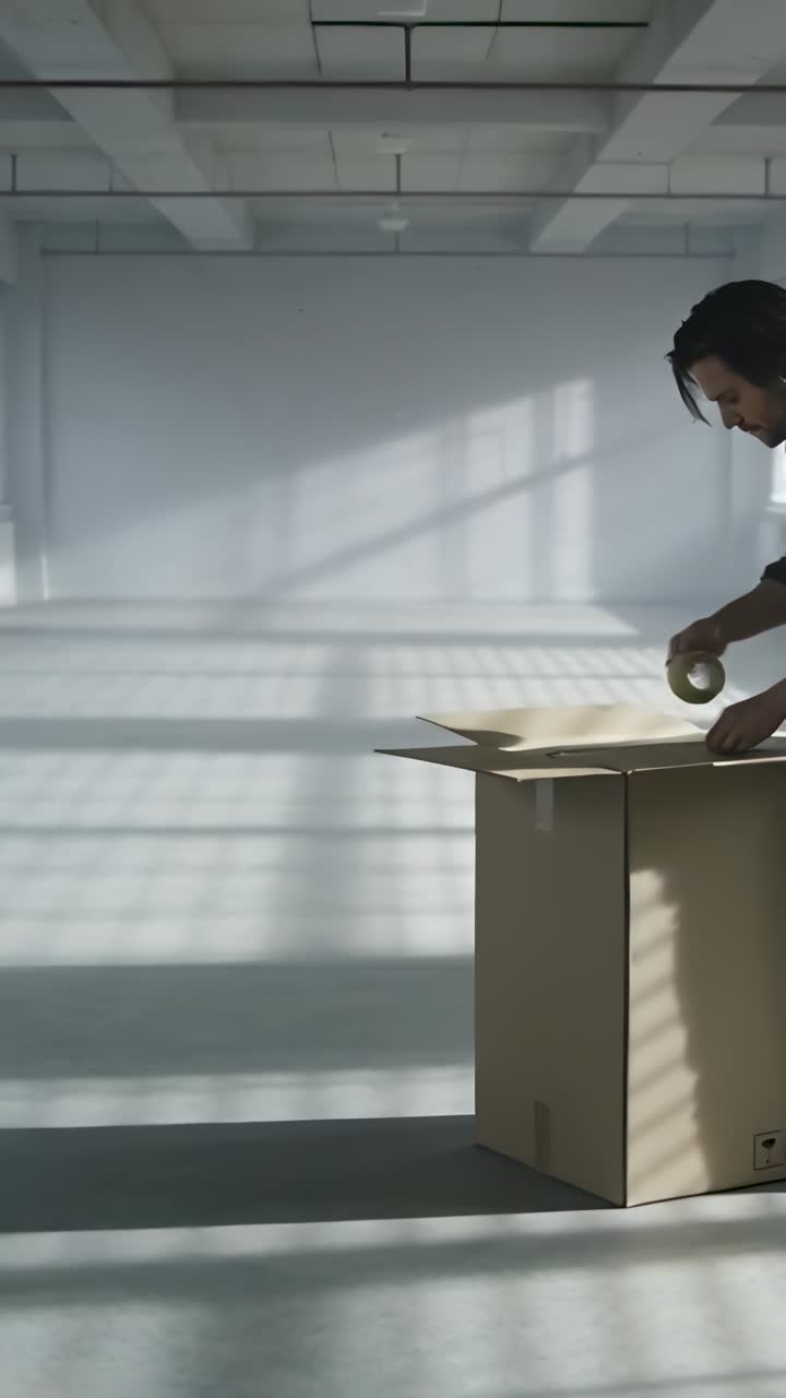 Vertical video: Lifting flaps, man in dark gear pulling tape sealing moving box in loft, copy space