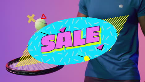 male athlete serving tennis ball in studio, showcasing marketing retro sale graphic with shapes
