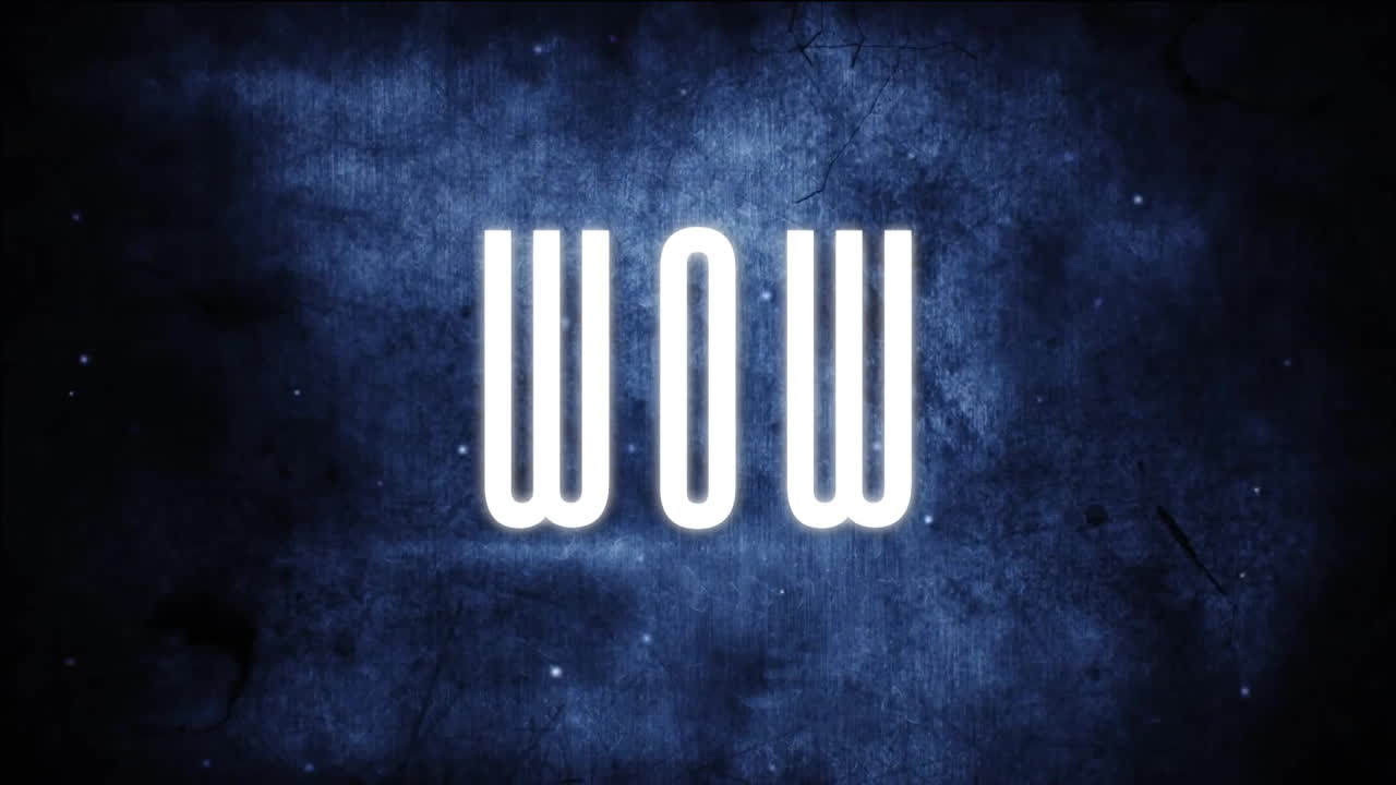 Animation of wow text over blue background with spots