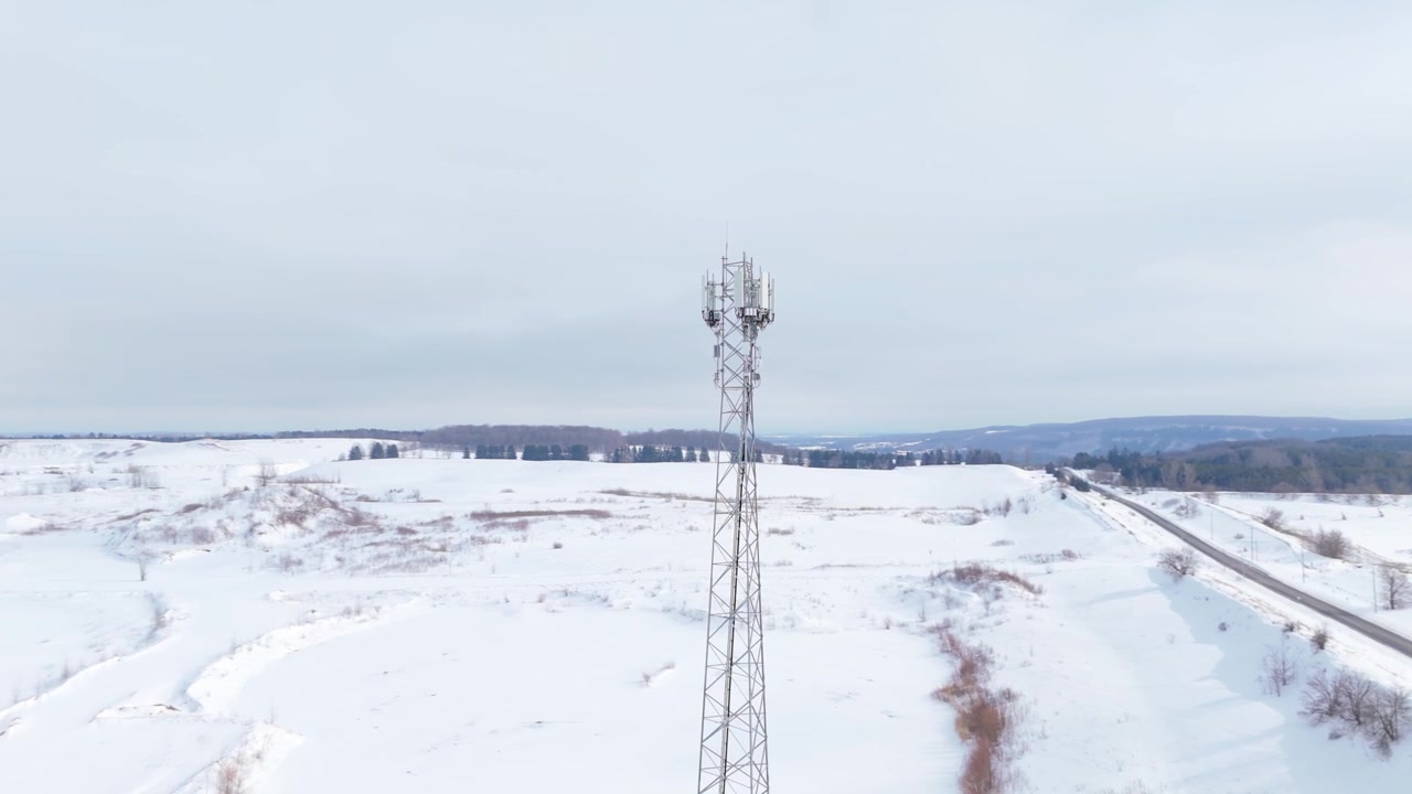 Un'alta torre di telecomunicazioni si erge in un vasto paesaggio innevato. La scena cattura l'isolamento e la portata tecnologica in un ambiente invernale. Ideale per progetti a tema tecnologico o invernale