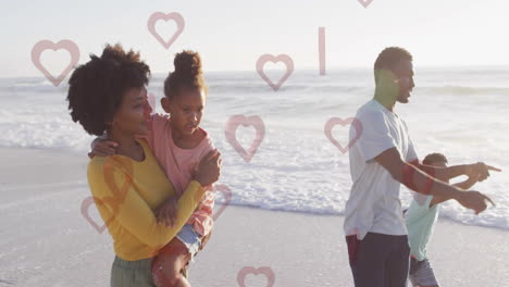 walking on beach, family surrounded by heart animations, enjoying together time