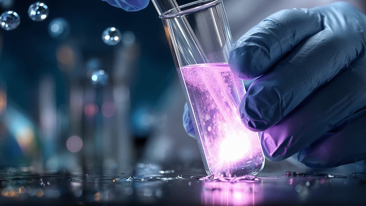 A scientific experiment in a laboratory showcasing a hand in a blue glove carefully conducting a chemical reaction using colorful liquids and bubbles