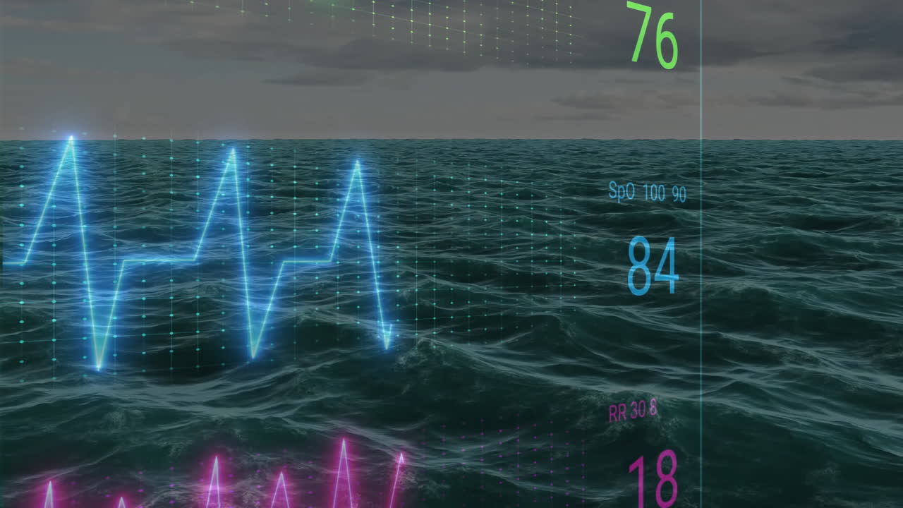 Animation of digital graphs overlaying ocean waves under cloudy sky