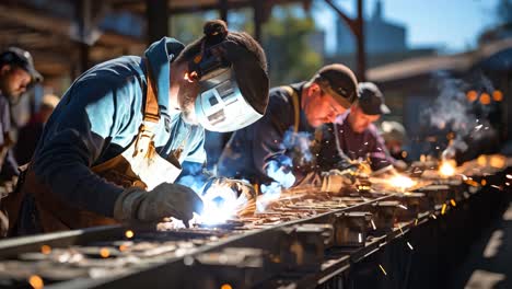 welders working on metal fabrication during bright daylight outdoors