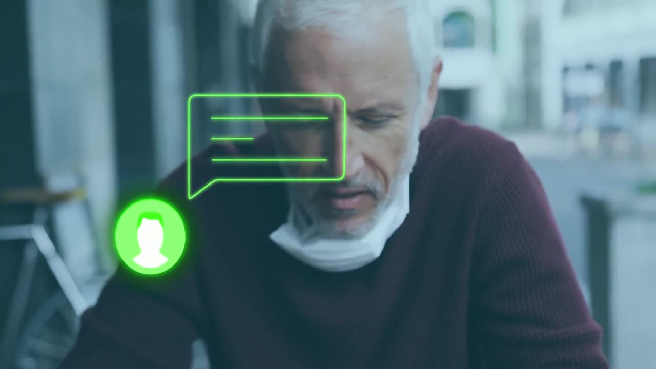Animation of profile, message icon over caucasian senior man with mask using phone at outdoor cafes