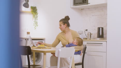 young mother working with laptop computer and breastfeeding her baby boy at home 1