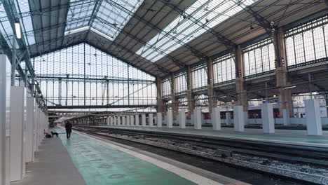 lone man walks on empty platform of austerlitz train station in paris, tilt down