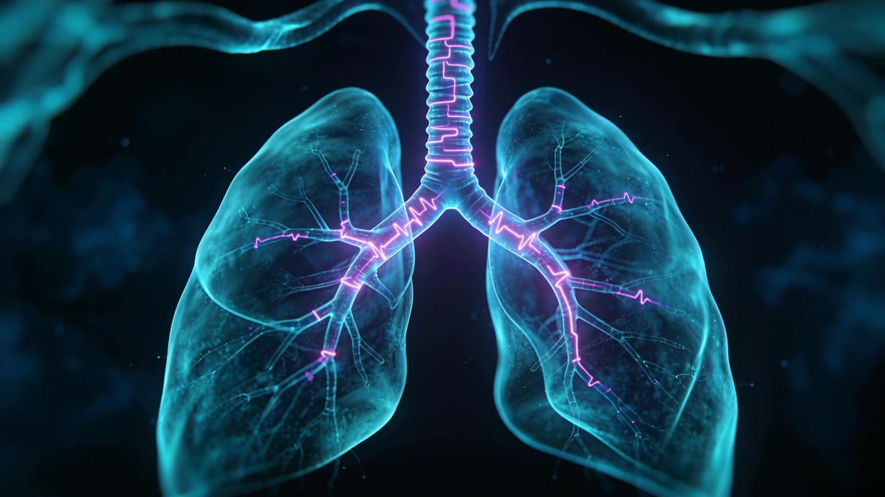 Polmoni ciano animati, trachea e bronchi che pulsano con una forma d'onda magenta su un palco buio all'inizio dell'inspirazione.
