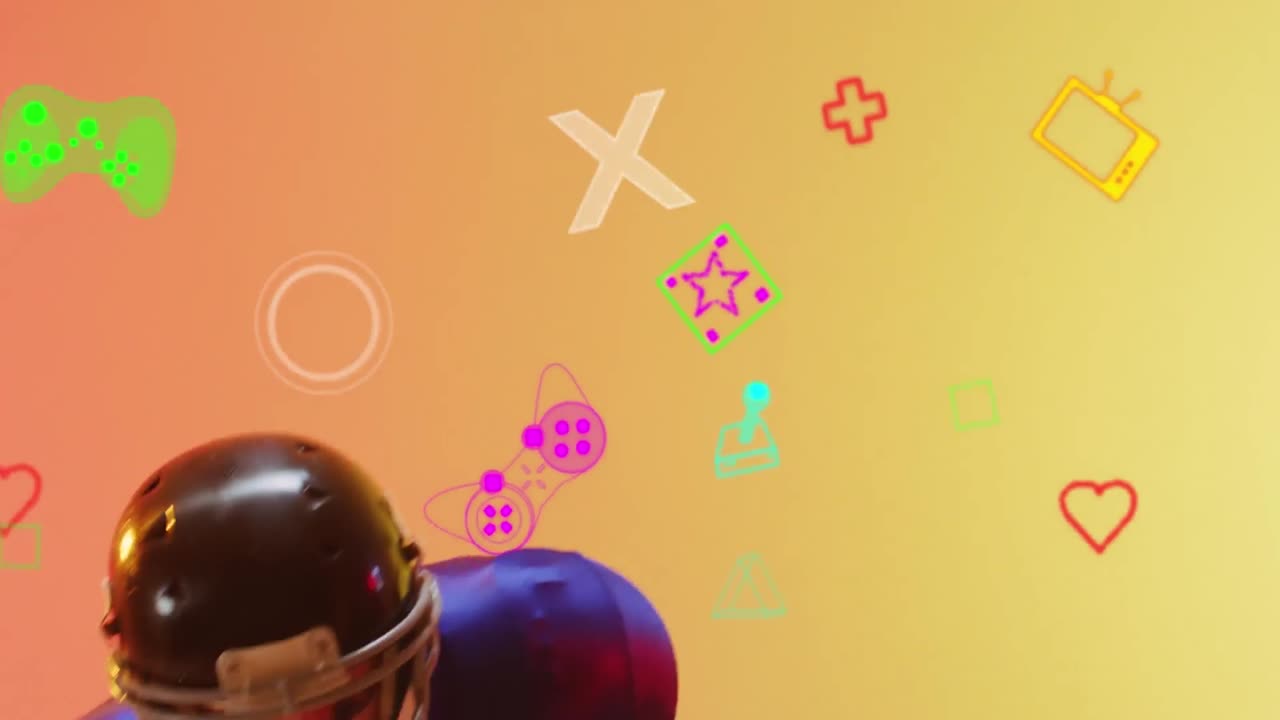 animación de iconos de videojuegos y marcadores sobre jugador de fútbol americano.