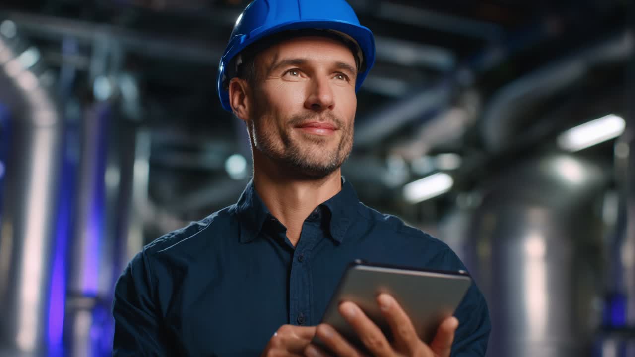Un professionista sicuro di sé con cappello blu utilizza un tablet in un ambiente industriale moderno, mostrando una combinazione di tecnologia e competenza sullo sfondo di macchinari metallici.