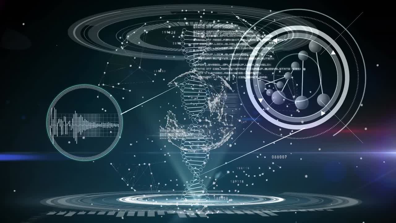 검은색 배경에 있는 dna 줄기 위의 연결 네트워크의 애니메이션과 데이터 처리