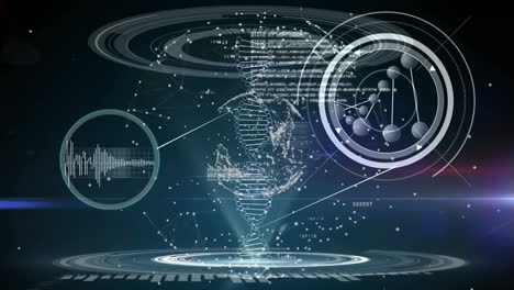 animation of network of connections over dna strand and data processing on black background