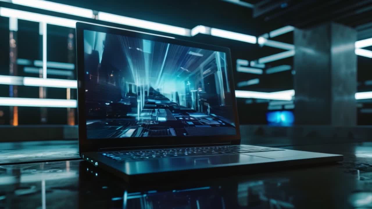Laptop Displaying Futuristic Digital Scene