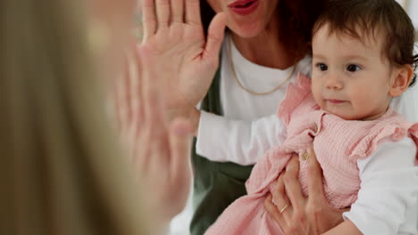 mother, baby girl or doctor high five for medical